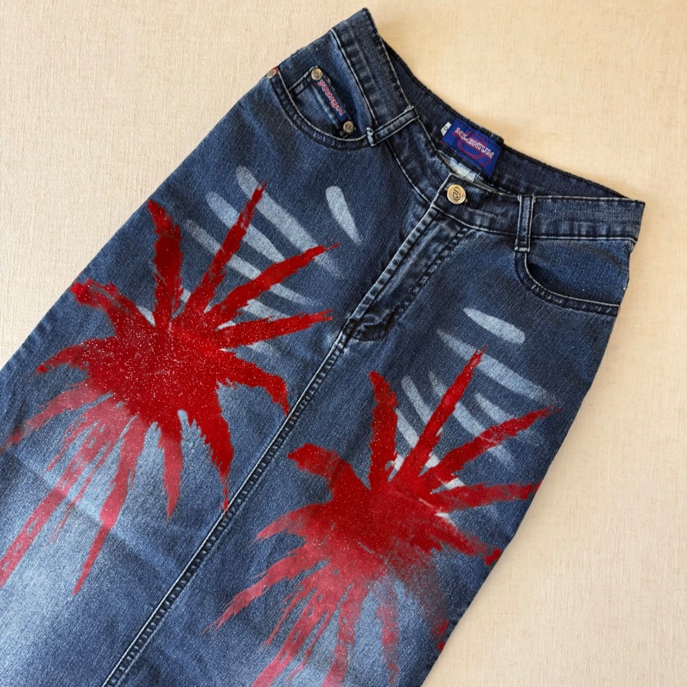 Milenium Denim Maxi Skirt Size 0 Blue Red Palm Tree Graphic Print Y2K Streetwear - Picture 7 of 10